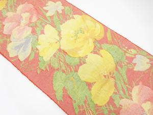 手織り紬　草花模様織り出し　名古屋帯